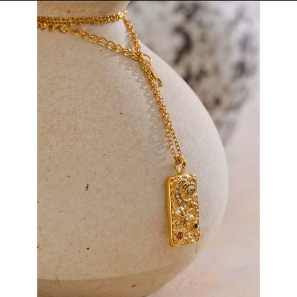 Celestial  Pendant Necklace Stainless Steel Gold Plated with Cubic Zirconia - Picture 3 of 6